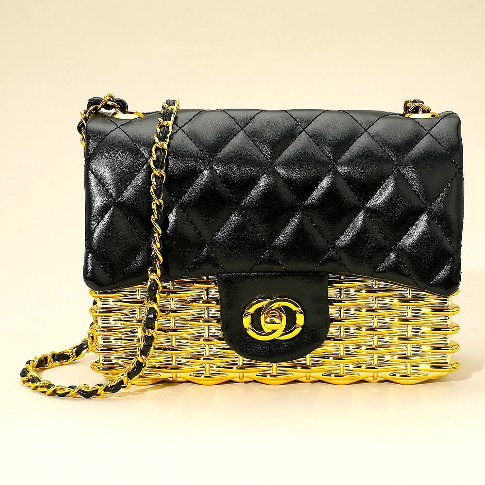 Black Vegan Leather and Metallic Gold Quilted Crossbody Bag